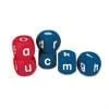 A set of six dice with the letters o, u, k and m on them.