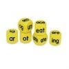 A set of six yellow dice with words written on them.