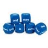 A set of six dice with words written on them.
