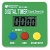A digital timer with three buttons and a green background.