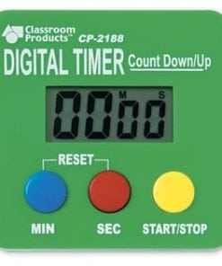 A digital timer with three buttons and a green background.