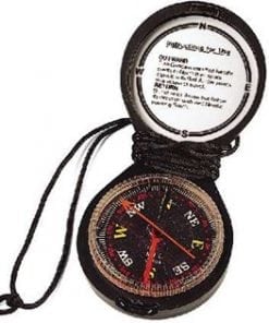 A compass with the lid open and instructions on how to use it.