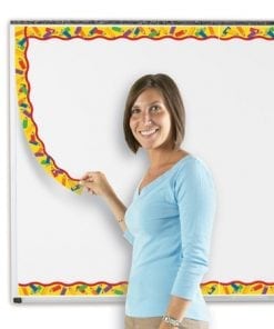 A woman is pointing to the left on a whiteboard.