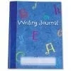 A blue writing journal with colorful letters on it.