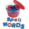 A tub of magnetic letters that spell words.