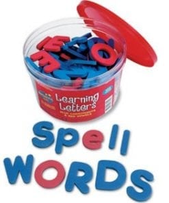 A tub of magnetic letters that spell words.