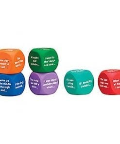 A set of six dice with different colors and words.