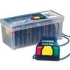 A box of blue, yellow and red markers.
