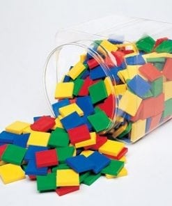 A tub of colored foam blocks in a container.