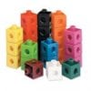 A group of colorful cubes with holes in them.