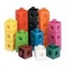 A group of colorful cubes with holes in them.