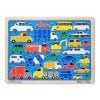 A wooden puzzle with many different vehicles on it.