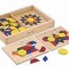 A wooden box with many different colored shapes.