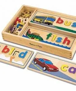 A wooden box with two sets of letters and vehicles.