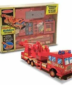 A toy fire truck in its box with the lid open.