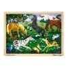 A wooden puzzle with horses and other animals.