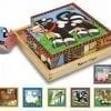 A wooden box with different pictures of animals.