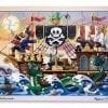 A wooden puzzle of a pirate ship with pirates on it.