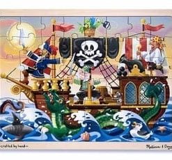 A wooden puzzle of a pirate ship with pirates on it.