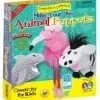 A box of animal puppets with a pink flamingo, black and white zebra, and a gray dolphin.