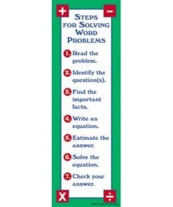 A green and white bookmark with instructions for solving word problems.