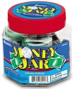 A jar of money with the words " money jar ".