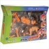 A box of toy animals in orange and black.