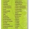 A green sheet with the names of different bible verses.