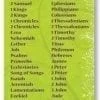 A green sheet with the names of different bible verses.