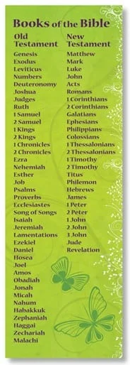 A green sheet with the names of different bible verses.