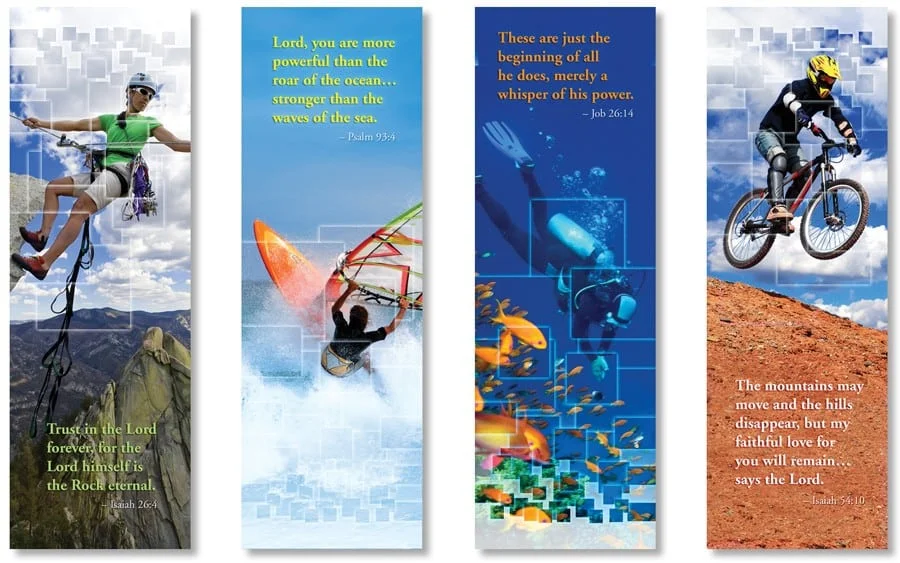 A series of four bookmarks with different images.