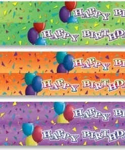 A set of three birthday banners with balloons.