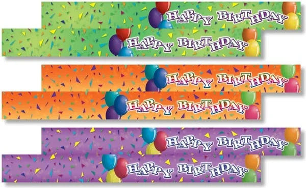 A set of three birthday banners with balloons.