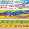 A series of four different colored pencils with words.