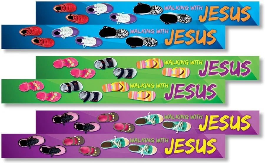 A series of three different colored bookmarks with the words walking with jesus written on them.
