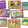 A bunch of stickers that are on the wall