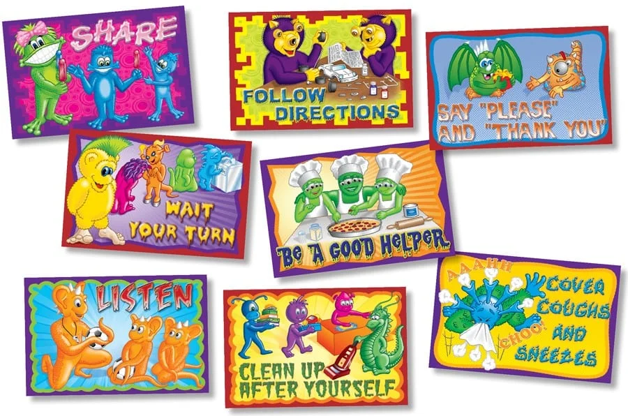 Colorful classroom posters with friendly characters