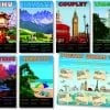 A series of travel posters with different destinations.