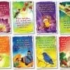 A set of eight cards with different colored designs.