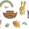 A set of noah 's ark magnets with animals and a rainbow.