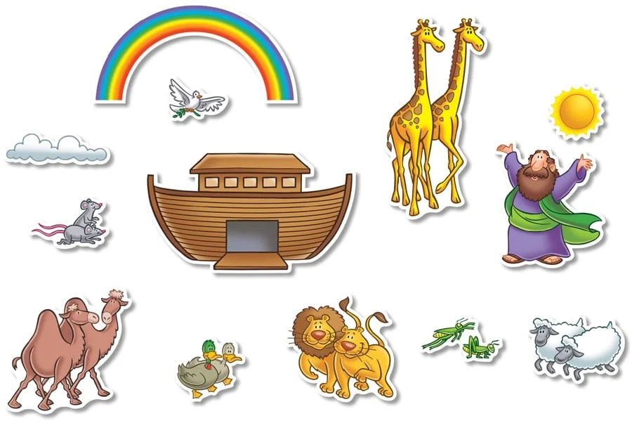 A set of noah 's ark magnets with animals and a rainbow.