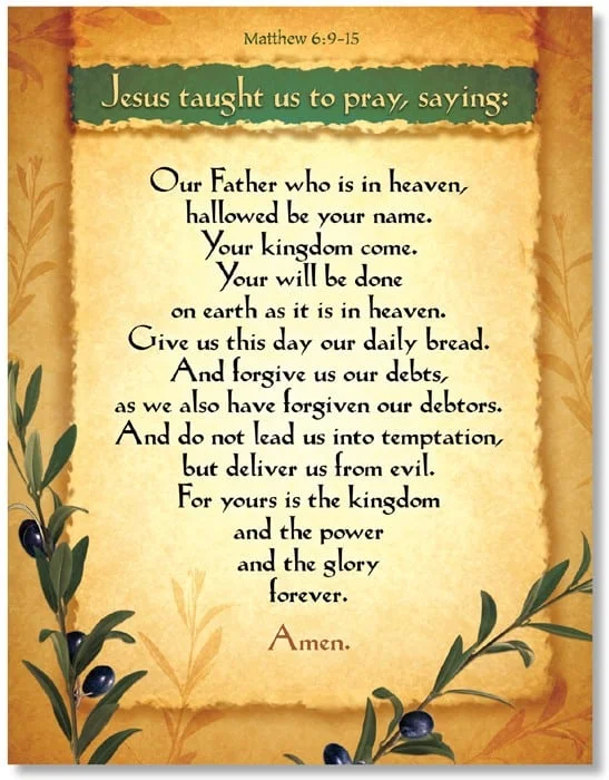 Ornate scripture poster featuring the Lord's Prayer