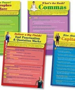 A set of five posters with different colored backgrounds.