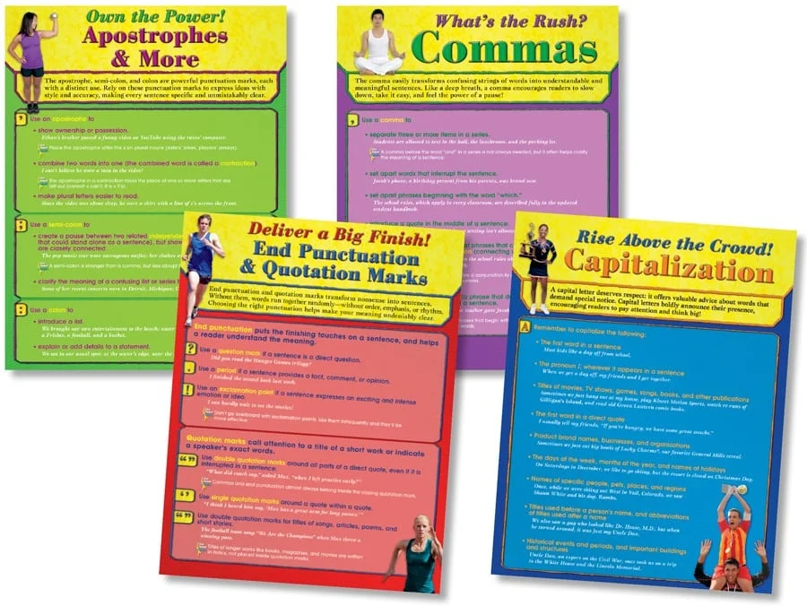 A set of five posters with different colored backgrounds.