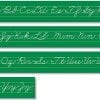 A green strip with cursive writing on it.