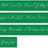 A green strip with cursive writing on it.