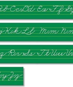 A green strip with cursive writing on it.