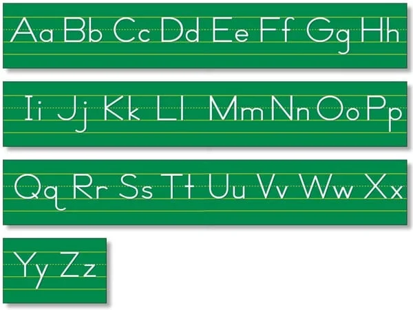 A green board with white letters on it.