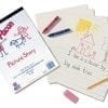 A picture story book with crayons and paper