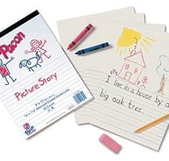 A picture story book with crayons and paper